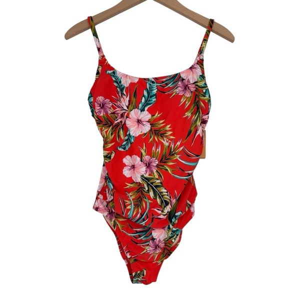 Kona Sol Other - Kona Sol Orange Red Floral Shirred High Coverage One Piece Swimsuit NWT Medium